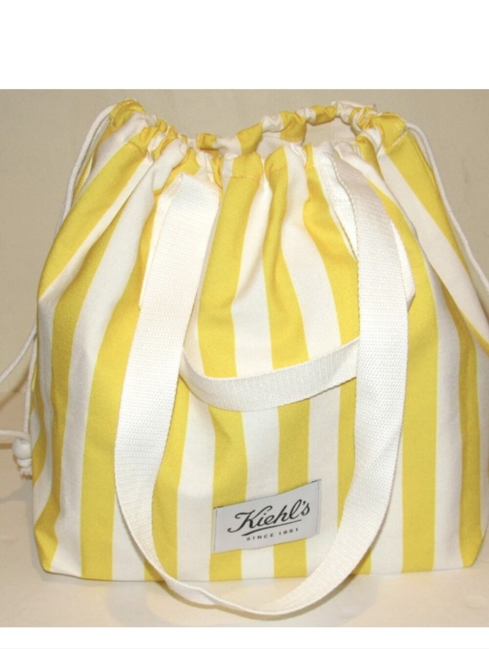 Kiehl's Yellow & White Striped Tote Bag NEW Drawstring Shoulder Beach Pool Large